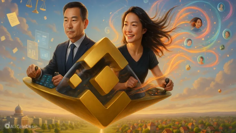 Binance Co-CEO appointed illustration showing Yi He and Richard Teng leading the exchange together.