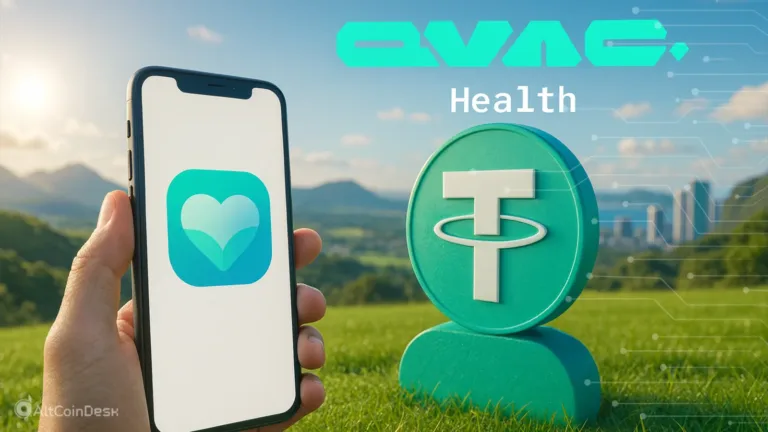 QVAC Health app shown on a smartphone beside a Tether logo, representing Tether’s AI-based health platform.