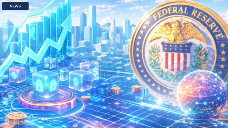 Federal Reserve seal next to a rising market graph, representing the US Fed withdraws crypto-restrictive guidance.