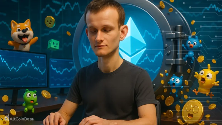 Vitalik Buterin crypto scene with Ethereum vault and animated tokens in the background.