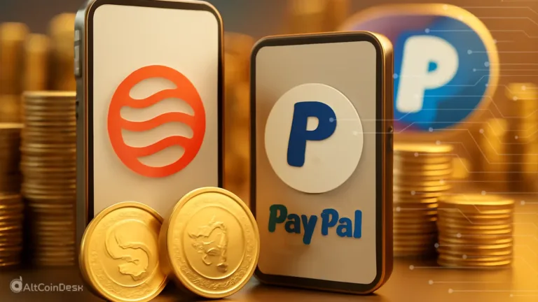 Weekly crypto news image showing PayPal stablecoin payments alongside digital wallets and stacked coins.