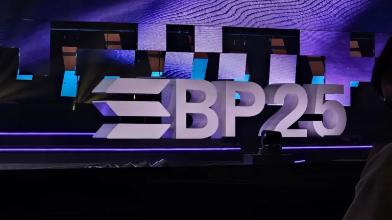 Stage display at Solana Breakpoint 2025 Day 1 featuring the BP25 logo and main conference setup.