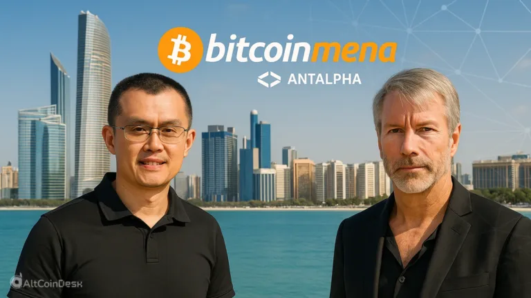 CZ and Michael Saylor at Bitcoin MENA Day 2 with the city skyline in the background.