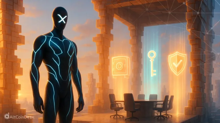 XRP ledger upgrade illustrated by a futuristic figure standing before symbols of security, keys, and institutional trust.