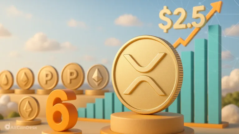 XRP captures sixth place shown with a rising $2.5 chart and crypto coins in the background.