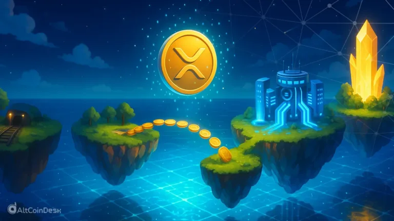 XRP price prediction 2030 illustration showing XRP coins moving across floating islands toward a futuristic financial hub