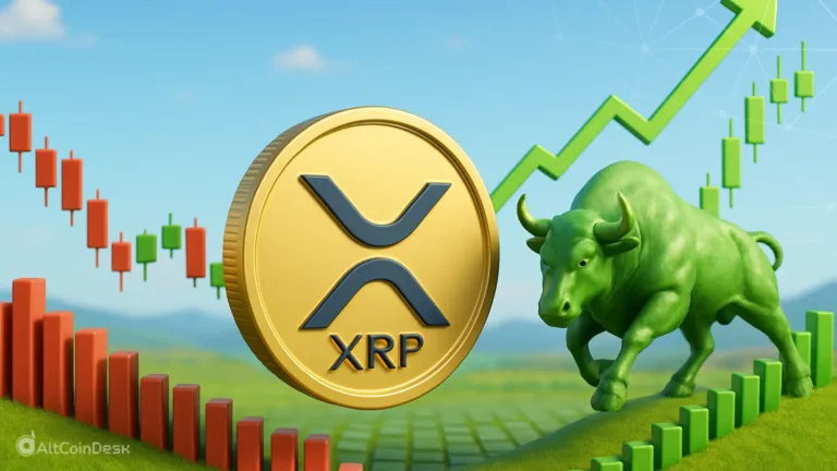 XRP sentiment analysis showing an XRP coin with a bullish green trend and rising chart bars.