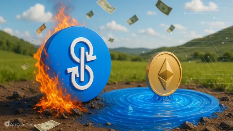 Yearn Finance exploit illustrated with the Yearn logo burning beside Ethereum draining into a pool.