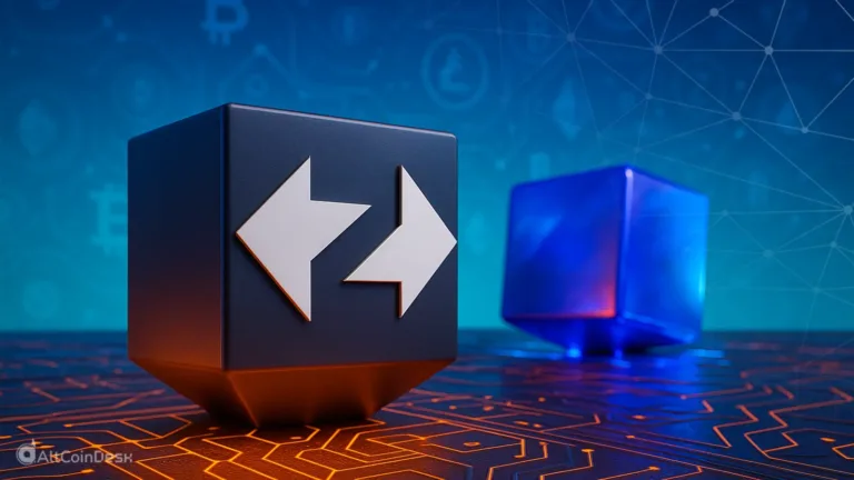 3D blockchain cubes representing ZKsync Lite transition, showing directional arrows and network circuitry.