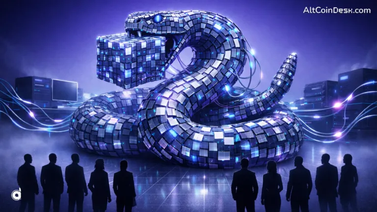 Real-world examples of blockchain shown as a digital snake made of data blocks holding a cube, symbolizing secure and transparent blockchain applications.
