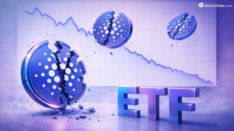 ADA coin breaking with a downtrend chart, picture of ETF written nearby.