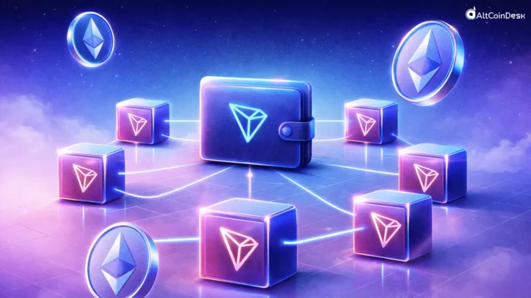 A digital wallet connected to TRON blockchain nodes and Ethereum coins, illustrating recent crypto hacks and cross-chain fund movement.