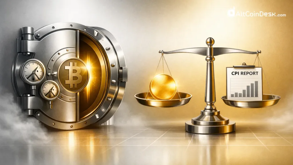 A vault with the logo of BTC, indicating BTC corssing 95k, with a weighing machine nearby with a gold bar and CPI Report on each plate.