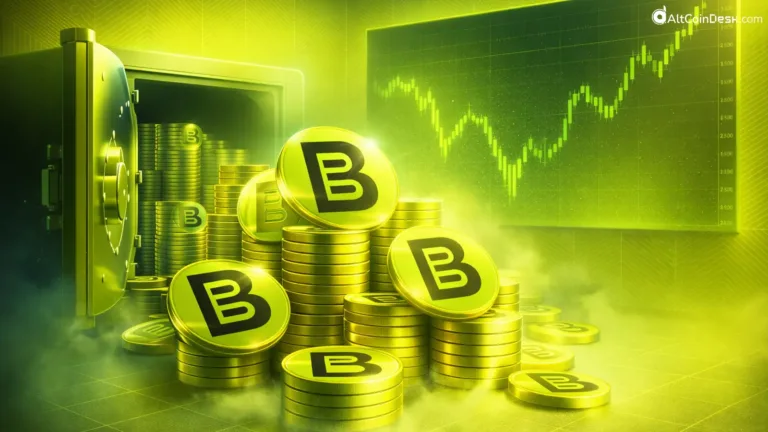 A secure bank vault overflowing with golden tokens, symbolizing BitMine expands ETH staking and the growth of Ethereum treasuries alongside a rising green market graph.