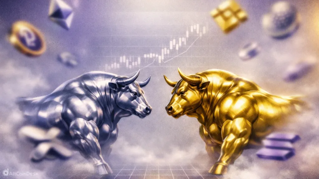 Two powerful bulls face off in front of a rising market chart and floating coins, signaling an impending bull run and the start of a new altcoin season.