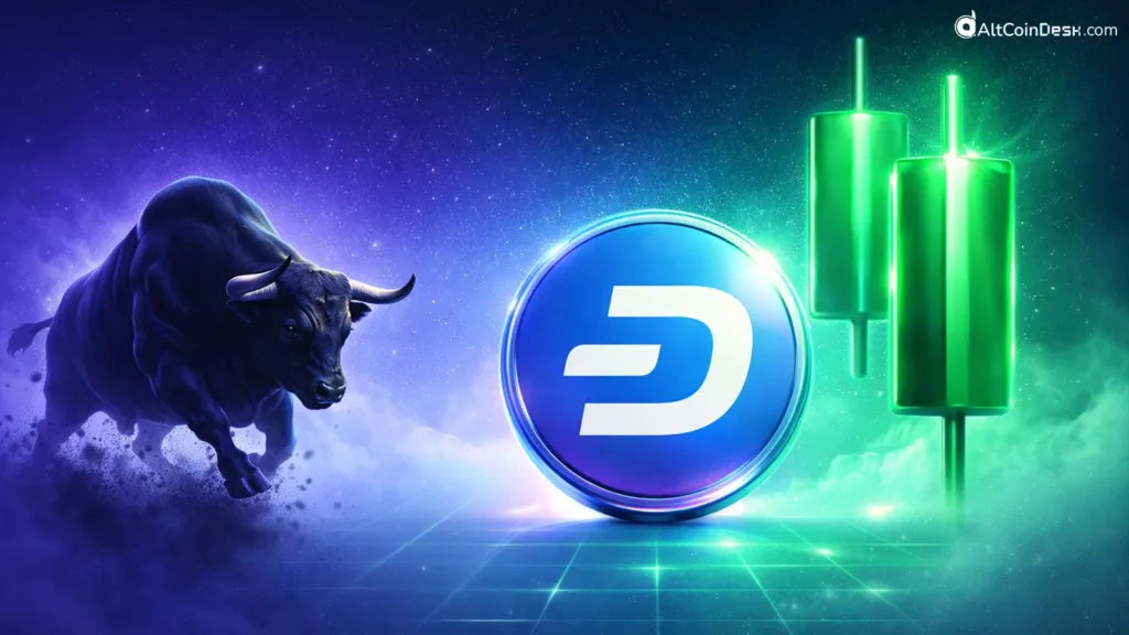 DASH coin near a sprinting bull indicating its bullish signals