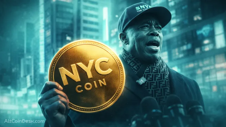 Eric Adams holding NYC token, who is in middle of speaking