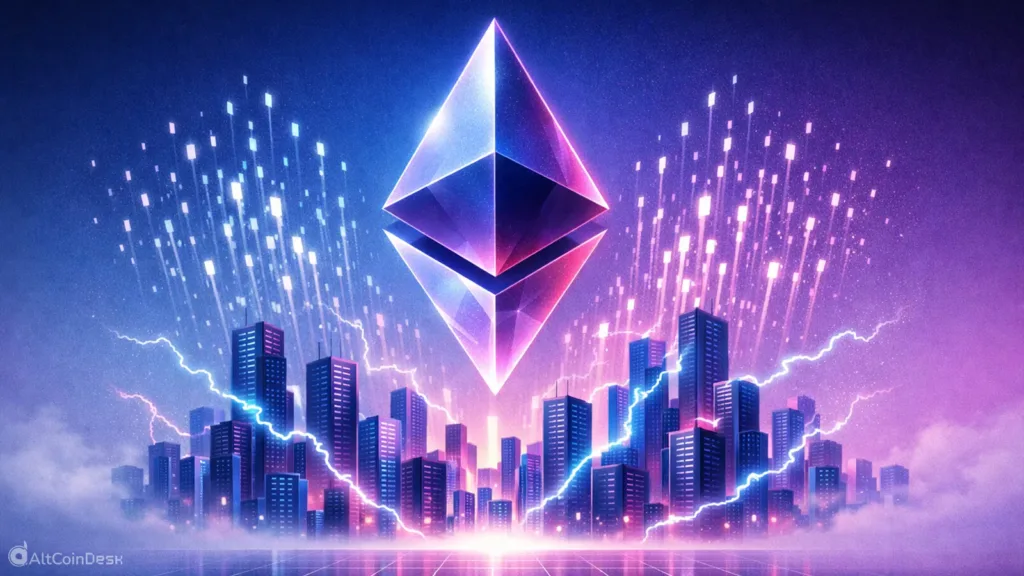 3D Ethereum logo floating above a neon-lit digital city to represent record-breaking Ethereum developer activity.