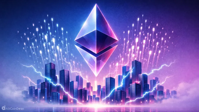 3D Ethereum logo floating above a neon-lit digital city to represent record-breaking Ethereum developer activity.