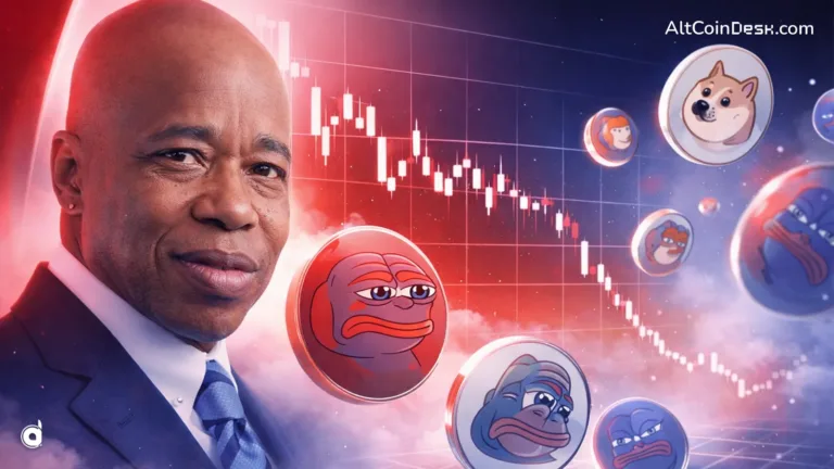 Eric Adams near crypto coins with and downtrend of charts showing NYC Token collapse