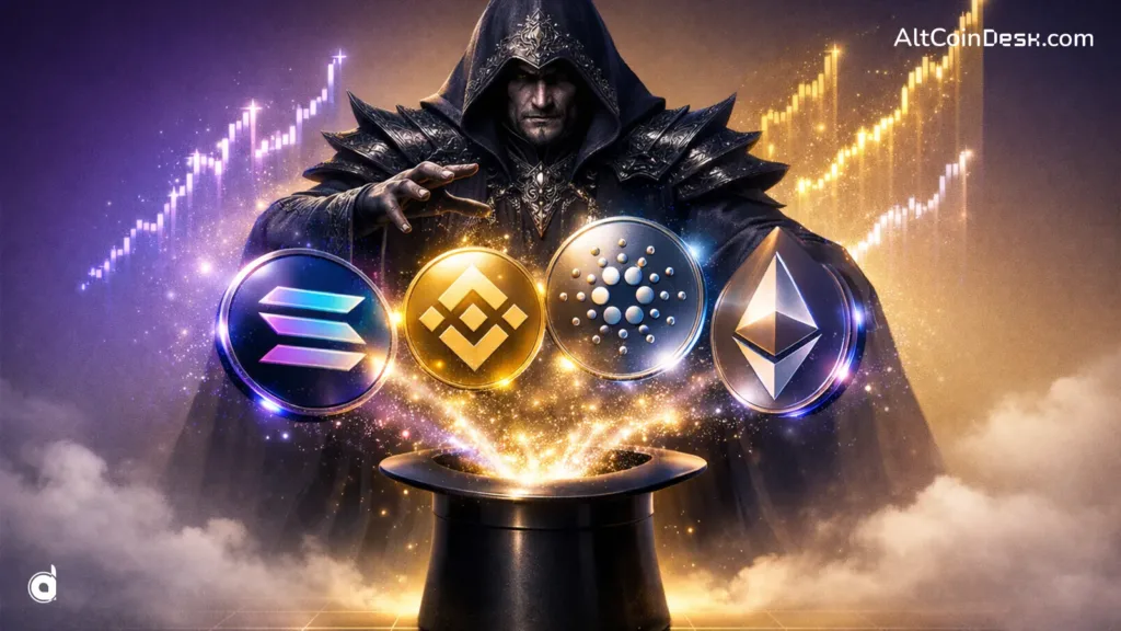 A hooded figure manifesting various tokens from a hat, representing the speculative stages of how altcoin goes from launch to listing.