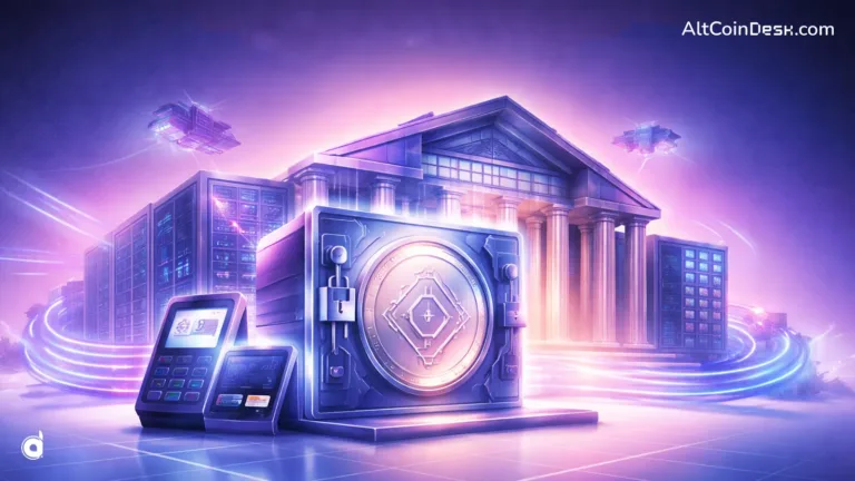 A futuristic high-tech vault and bank building representing how is crypto legitimate through secure global payment rails.