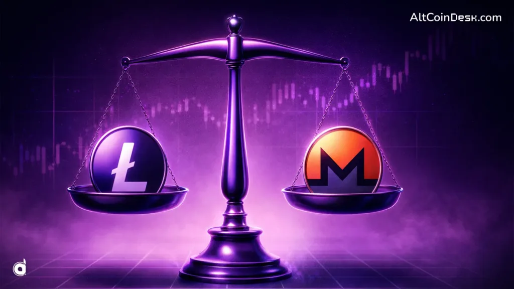 A weighing scale with Monero and Litecoin, representing LTC and XMR price synchronization