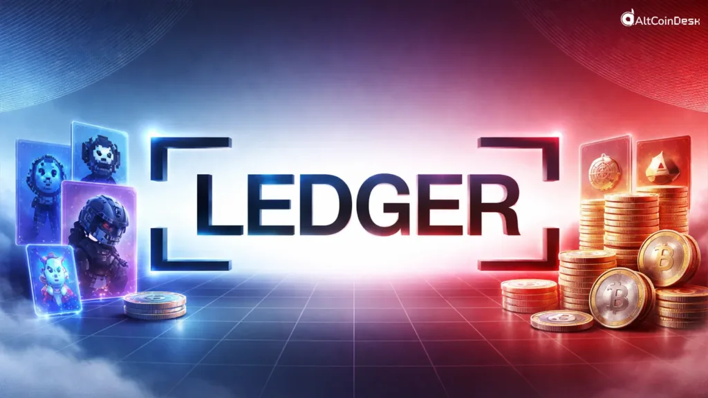 ledger wallet in center of the frame, one side filled with coins and another side with robots