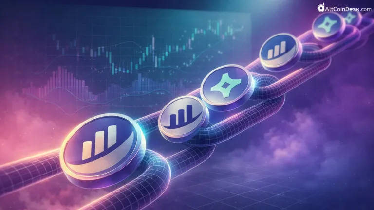 3D chain link glowing with digital icons representing on-chain analysis and whale wallet tracking tools for crypto analysis.