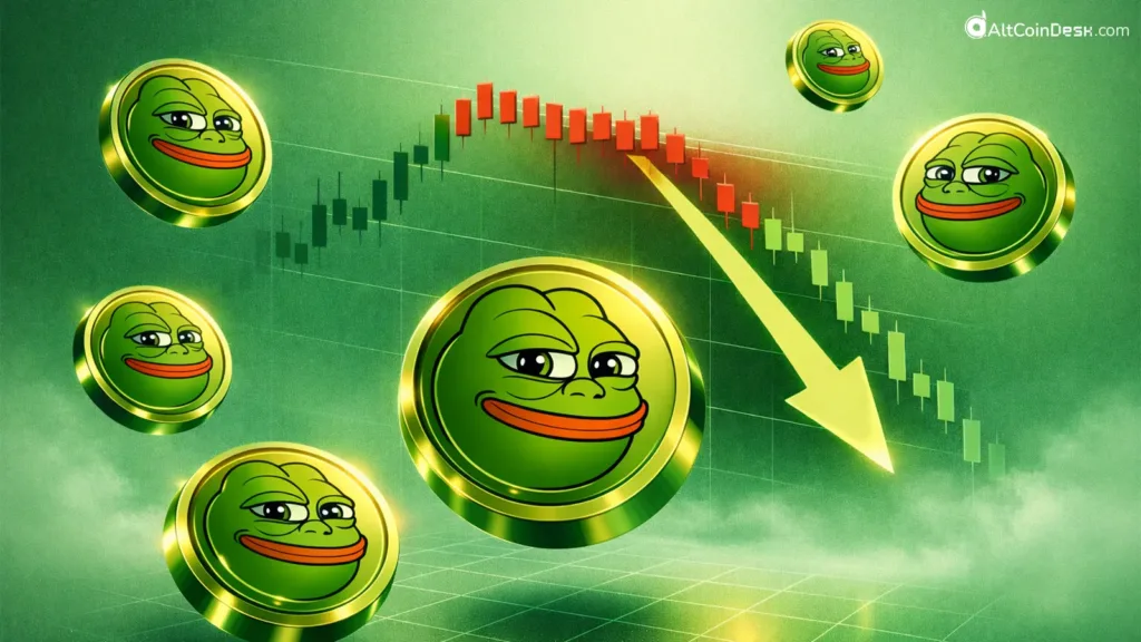 multiple PEPE coins with an arrow indicating its fall