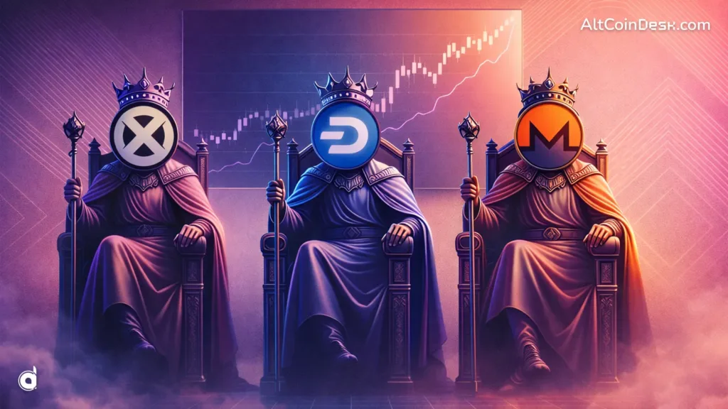 Privacy coins outperforming in 2026, shown by XMR, DASH, and ZEC depicted as crowned leaders amid rising price charts.