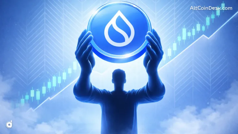 A figure holding SUI coin, representing its r ongoing price uptrend after the SUI network outage