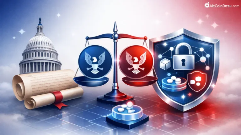 image of digital currency symbols and scales representing the Senate Banking Committee and the new crypto market structure bill draft.