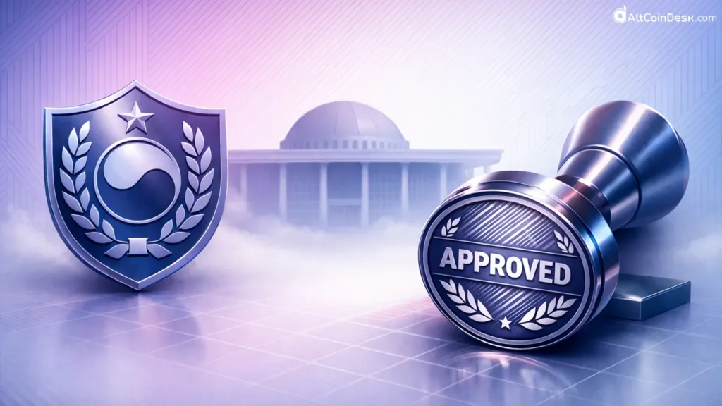 An official "Approved" stamp next to the South Korean national seal, symbolizing the new era for corporate crypto investments in the country.