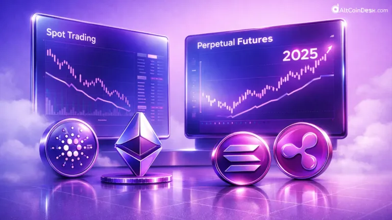 Perpetual futures vs spot trading volume chart with crypto perps, showing ETH, SOL, XRP price trends in 2025