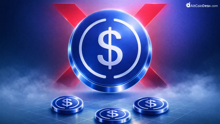 A glowing blue coin with a dollar symbol floating above smaller tokens, representing a modern stablecoin payment system.