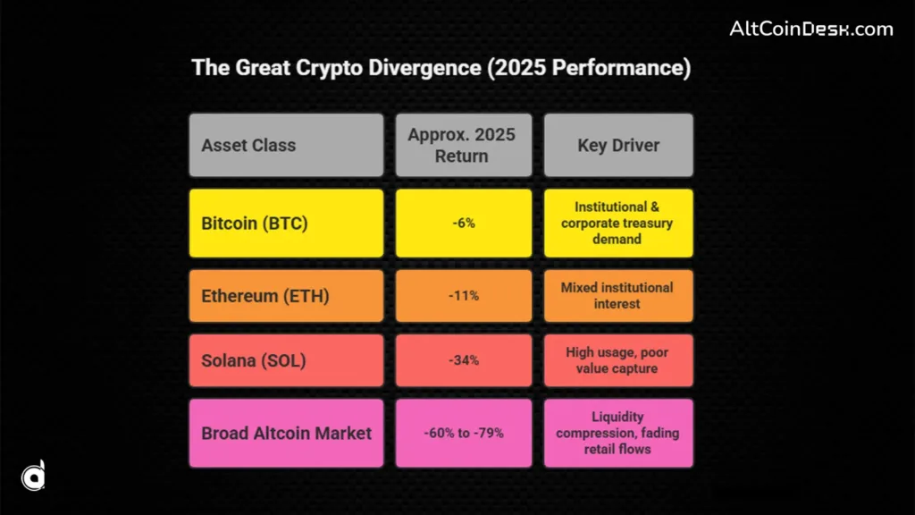 Eric Trump says ABTC leads Bitcoin accumulation as altcoin liquidity compresses 1 The Great Crypto Divergence 2025 Performance