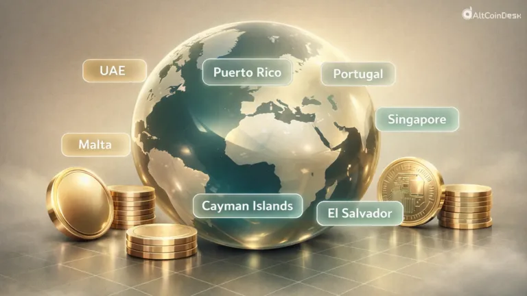 crystal globe surrounded by gold coins, featuring labels for countries with 0% crypto taxes like UAE, Singapore, and El Salvador.