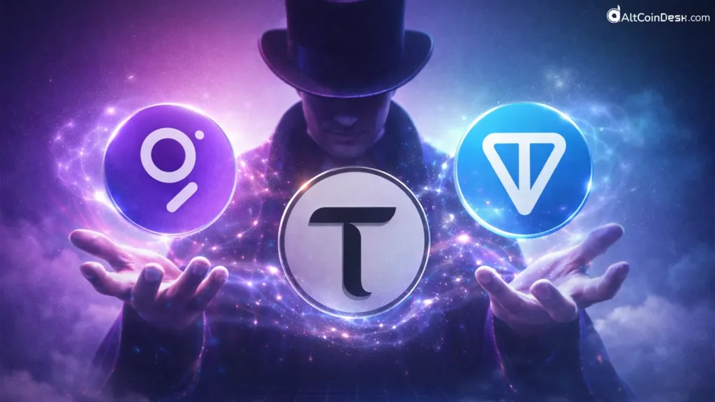 A mysterious figure presenting the Top 3 altcoins to watch in Q1 2026, selected based on rising Total Value Locked and strong blockchain data.