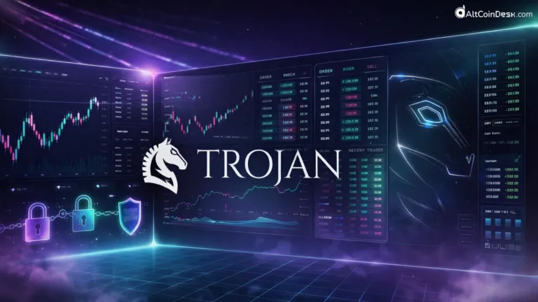 TROJAN logo Infront of crypto price chart analysis