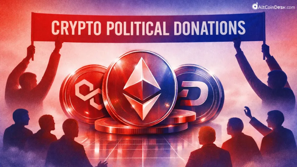 A conceptual graphic representing crypto-political donations being reviewed by the Electoral Commission to strengthen election safeguards.