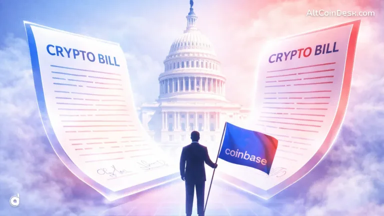 A man holding flag with text written Coinbase, representing Coinbase CEO pushback as a crypto bill stalls in the US Senate, illustrated by legislation papers facing the Capitol building.