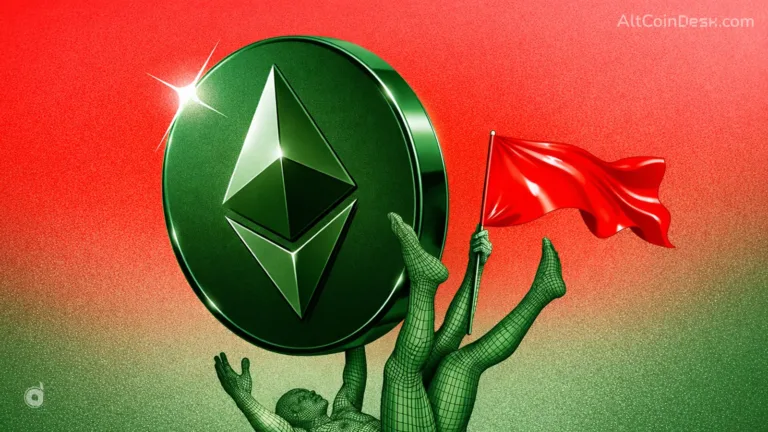 Red flags in new crypto projects illustrated by an Ethereum coin with a red warning flag symbolizing risk and caution