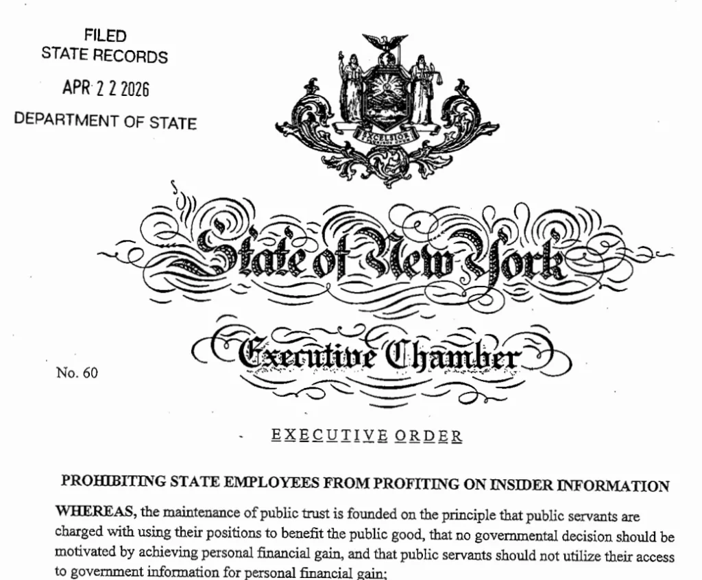 Illinois EO prediction markets trigger crypto ethics crackdown 1 State of New York Executive Order