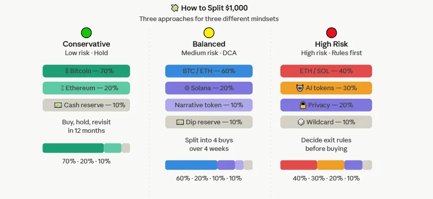 How much to invest in crypto? A realistic guide for beginners in 2026 3 Three crypto portfolio splits compared