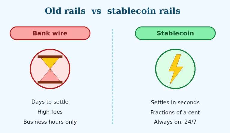 How stablecoins are quietly becoming the Layer 1 of global finance 2 Old wire versus stablecoin transfer