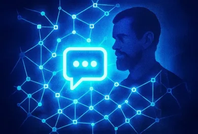 Blue messaging icon with a figure on the right