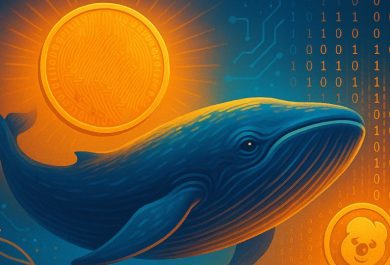 blue whale with gold coins around